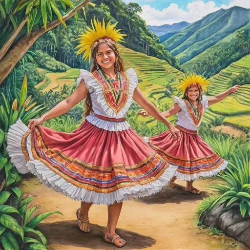 Prompt: Create a vibrant, detailed colored pencil drawing for an NFT artwork that showcases the rich and diverse culture of the Philippines. The artwork should feature a lively scene filled with traditional Filipino elements. Include iconic landmarks such as the Banaue Rice Terraces, the Chocolate Hills, and the Mayon Volcano. Depict people in traditional attire like the Barong Tagalog and the Maria Clara dress, participating in cultural activities such as folk dances (Tinikling, Sinulog) and festivals (Ati-Atihan, Pahiyas). Integrate native flora and fauna, such as the Philippine eagle, carabao, and a variety of tropical plants and flowers. Use bright, rich colors to highlight the vibrancy and diversity of the Filipino culture. and pencil drawing 