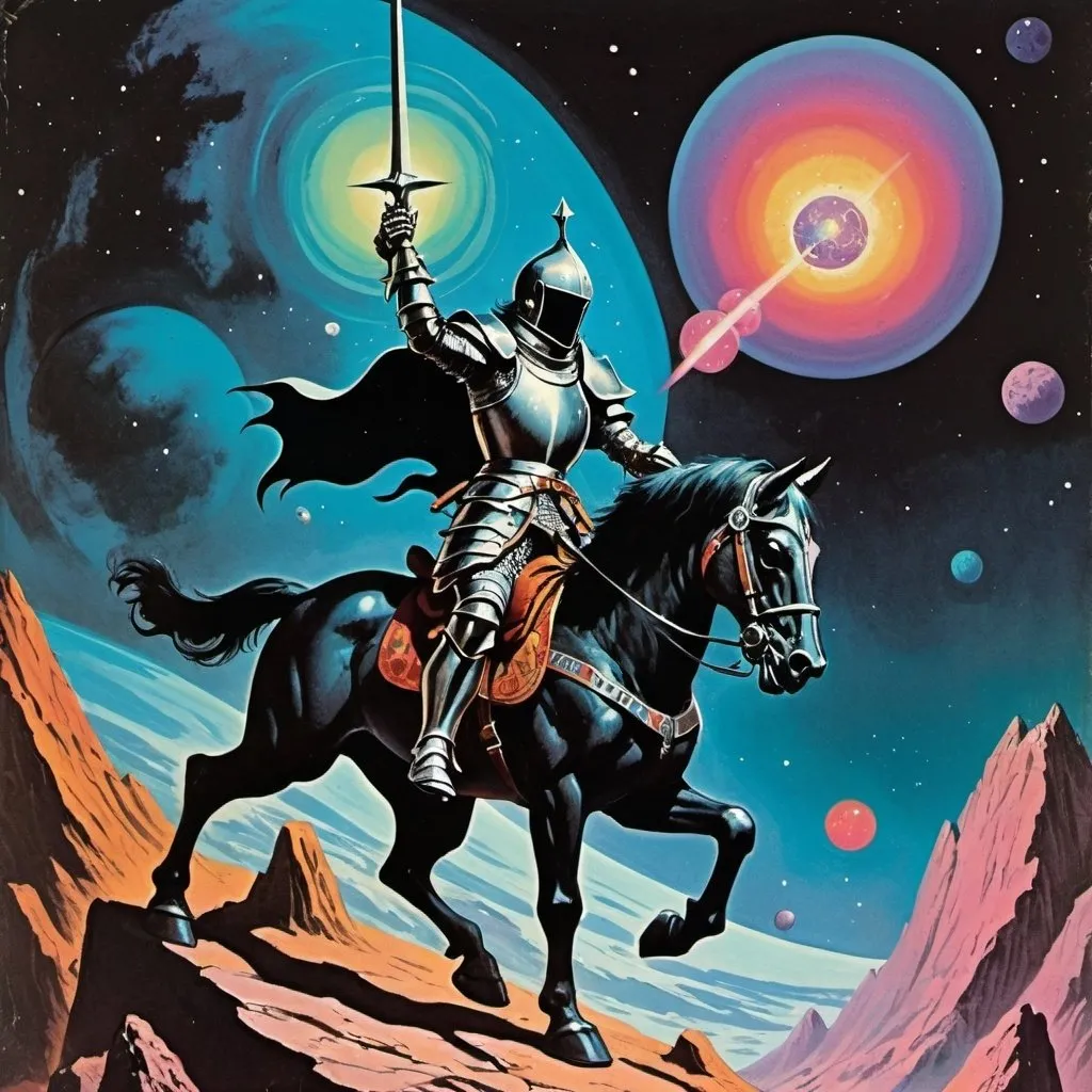 Prompt: 1970s dark fantasy book cover paper art dungeons and dragons style art of a knight floating in space with trippy visuals 