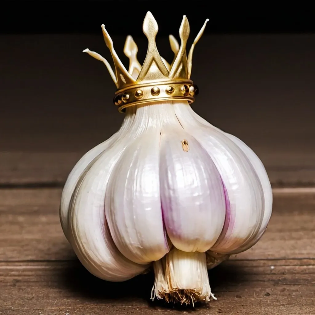 Prompt: A YouTube thumbnail of a head of garlic wearing a crown