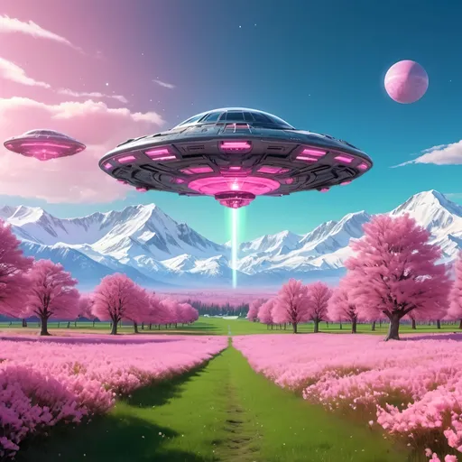 Prompt: A vast field filled with pink-blossomed trees and green grass, a towering snow-capped mountain range in the background, and a gigantic alien spaceship hovering in the clear blue sky, with sleek metallic surfaces and glowing lights.