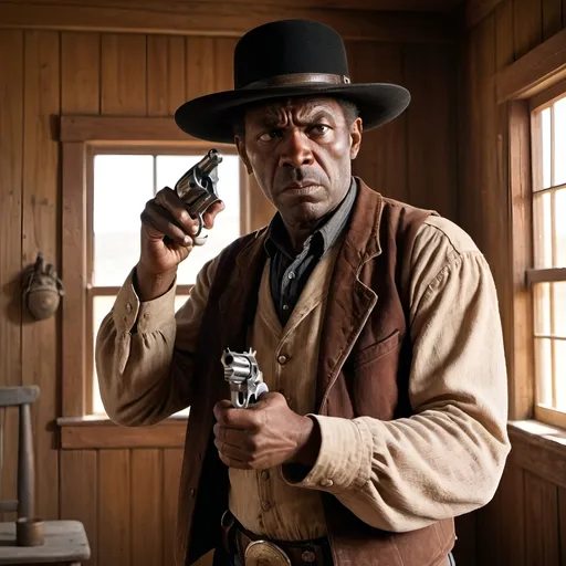 Prompt: old west, inside a house, Black man wearing a hat points a revolver at his temple, revolver is in his right hand, his expression is of pain