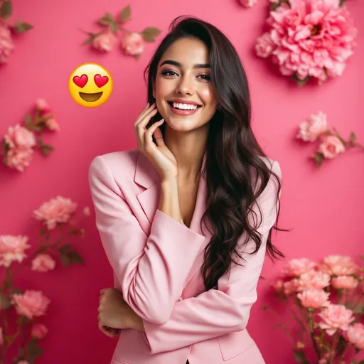 Prompt: Draped against a vibrant pink backdrop adorned with floral embroidery, a young woman radiates joy and confidence as she playfully poses with her hand resting on her shoulder. She wears a delicate pink suit that complements her warm complexion, and her long, dark hair cascades elegantly over her shoulder. The soft lighting enhances the cheerful ambiance of the scene, further highlighted by a playful heart-eyed emoji overlay that adds a touch of whimsy. The combination of her infectious smile and the rich textures around her evokes a sense of celebration and warmth.