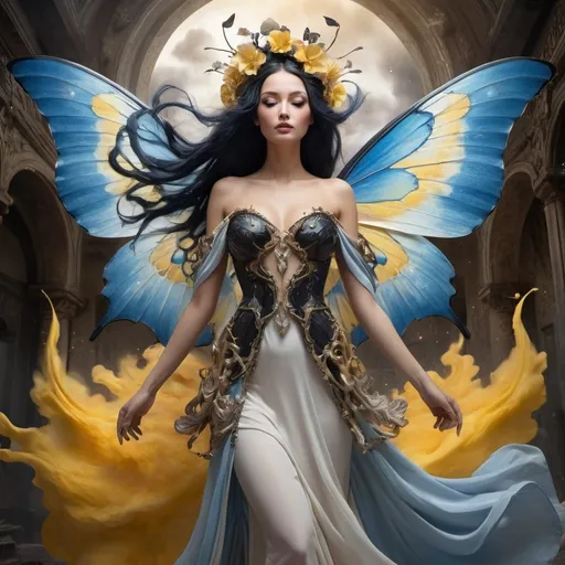 Prompt: A fairy-tale setting in Salvador Dali Style, wide angle, fantasy, a beautiful, woman, sensational, blue black hair, brown, tan, white, cream, and bright blue, yellow butterfly wings with silver spots on, on the tips of her wings are on flames, branches, delight, paradise bird, yellow wings of flames, wearing a golden, multi-layered, chiffon long dress, blowing in the breeze, snowing, blue clouds, apocalyptic scene, there is destruction every where, in a paradise and hell, time, rippling on the ground, mind blowing, with mahogany, gold, copper, bronze, black storm clouds in the background an etnic woman, white blue hair, detailed ornate yellow, silver, black cloth robe with black color flowers on, time, dramatic lighting, digital watercolor painting, paint splatter, bold brush strokes, art nouveau, majestic queen in an elegant (colorfull flower dress), very big silver crown with delicate gems and glimmering diamonds, time, mythical looming behind, captivating atmosphere, dramatic lighting, time, ethereal ambiance, richly detailed backgrounds, (HD, ultra-detailed) fairy-tale setting, tension filled with reverence and power. an other galaxy. yellow apples and snake.