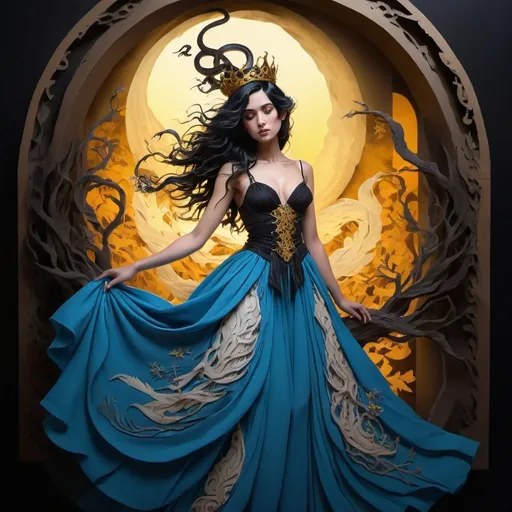 Prompt: autumn girl, A fairy-tale setting in Salvador Dali Style, wide angle, fantasy, a beautiful, woman, sensational, blue black hair, brown, tan, white, cream, and bright blue, black demonic wings, on the tips of her wings are on flames, branches, delight, paradise bird, yellow wings of flames, wearing a golden, multi-layered, chiffon long dress, blowing in the breeze, its snowing, blue clouds, apocalyptic scene, there is destruction every where, in a paradise and hell, snake, time, rippling on the ground, mind blowing, with mahogany, gold, copper, bronze, black storm clouds in the background an etnic woman, white blue hair, detailed ornate yellow, snake, silver, black cloth robe with black color flowers on, time, dramatic lighting, digital watercolor painting, paint splatter, bold brush strokes, art nouveau, majestic queen in an elegant (colorfull flower dress), very big silver crown with delicate gems and glimmering diamonds, time, mythical looming behind, captivating atmosphere, dramatic lighting, time, ethereal ambiance, richly detailed backgrounds, (HD, ultra-detailed) fairy-tale setting, tension filled with reverence and power. an other galaxy. yellow apples and snake.