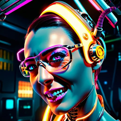 Prompt: futuristic robotic woman, (wearing pink glasses), imaginative and realistic design, intricately detailed metallic textures, vibrant neon lights illuminating the scene, complex mechanical elements in the background, sci-fi atmosphere, rich colors and contrasts, (HD, ultra-detailed), a blend of creativity and innovation, dynamic and enchanting ambiance.