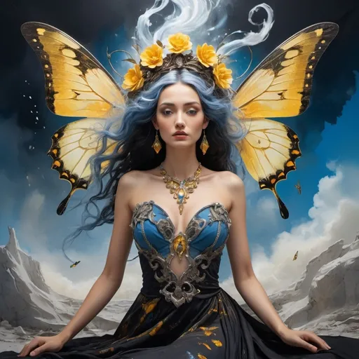 Prompt: A fairy-tale setting in Salvador Dali Style, wide angle, fantasy, a beautiful, woman, sensational, blue black hair, brown, tan, white, cream, and bright blue, yellow butterfly wings with silver spots on, on the tips of her wings are on flames, branches, delight, paradise bird, yellow wings of flames, wearing a golden, multi-layered, chiffon long dress, blowing in the breeze, snowing, blue clouds, apocalyptic scene, there is destruction every where, in a paradise and hell, time, rippling on the ground, mind blowing, with mahogany, gold, copper, bronze, black storm clouds in the background an etnic woman, white blue hair, detailed ornate yellow, silver, black cloth robe with black color flowers on, time, dramatic lighting, digital watercolor painting, paint splatter, bold brush strokes, art nouveau, majestic queen in an elegant (colorfull flower dress), very big silver crown with delicate gems and glimmering diamonds, time, mythical looming behind, captivating atmosphere, dramatic lighting, time, ethereal ambiance, richly detailed backgrounds, (HD, ultra-detailed) fairy-tale setting, tension filled with reverence and power. an other galaxy. yellow apples and snake.