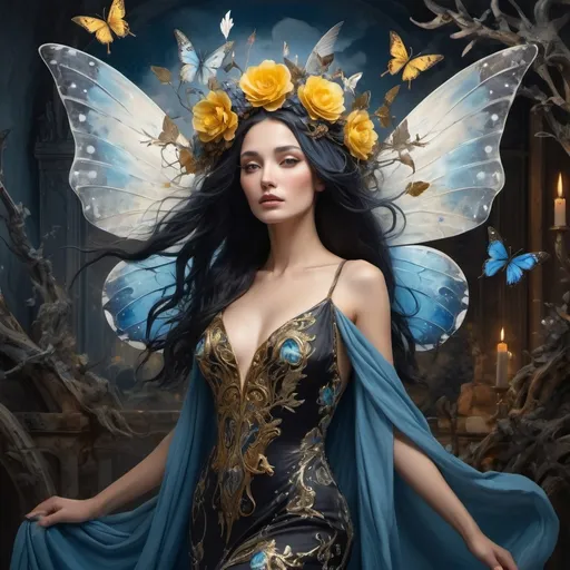 Prompt: A fairy-tale setting in Salvador Dali Style, wide angle, fantasy, a beautiful, woman, sensational, blue black hair, brown, tan, white, cream, and bright blue, blue butterfly wings with silver spots on, on the tips of her wings is on flames, branches, delight, paradise bird, blue wings of flames, wearing a golden, multi-layered, chiffon long dress, blowing in the breeze, snowing, blue clouds, apocalyptic scene, there is destruction every where, in a paradise and hell, time, rippling on the ground, mind blowing, with mahogany, gold, copper, bronze, black storm clouds in the background an etnic woman, white blue hair, detailed ornate blue, silver, black cloth robe with yellow color flowers on, time, dramatic lighting, digital watercolor painting, paint splatter, bold brush strokes, art nouveau, majestic queen in an elegant (colorfull flower dress), very big silver crown with delicate mycstical gems and glimmering diamonds and feathers, time, mythical looming behind, captivating atmosphere, dramatic lighting, ethereal ambiance, richly detailed backgrounds, (HD, ultra-detailed) fairy-tale setting, tension filled with reverence and power. an other galaxy. red apples and time.