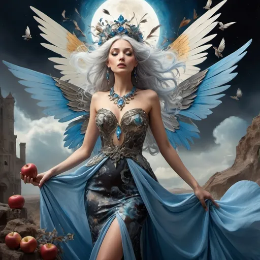 Prompt: A fairy-tale setting in Salvador Dali Style, wide angle, fantasy, a beautiful, woman, sensational, blondie, blue, grey hair, brown, tan, white, cream, and bright blue, blue wings with silver feathers, on the tips of her wings feather is on flames, branches, delight, paradise bird blue wings of flames, wearing a golden, multi-layered, chiffon long dress, blowing in the breeze, two planets in the sky, blue clouds, Apocalyptic scene, there is destruction every where, in a paradise like place, with red apple, rippling on the ground, mind blowing, with mahogany, gold, copper, bronze, black storm clouds in the background an etnic woman, white blue hair, detailed ornate blue, silver, black cloth robe with flowers on, dramatic lighting, digital watercolor painting, paint splatter, bold brush strokes, art nouveau, majestic queen in an elegant (colorfull flower dress), very big silver crown adorned with delicate mycstical gems and glimmering diamonds, mythical looming behind, captivating atmosphere, dramatic lighting, ethereal ambiance, richly detailed backgrounds, (HD, ultra-detailed) fairy-tale setting, tension filled with reverence and power. an other galaxy. red apple.