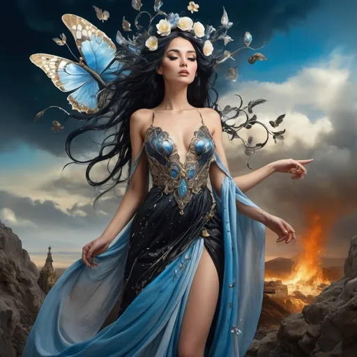 Prompt: A fairy-tale setting in Salvador Dali Style, wide angle, fantasy, a beautiful, woman, sensational, blue black hair, brown, tan, white, cream, and bright blue, blue butterfly wings with silver spots on, on the tips of her wings is on flames, branches, delight, paradise bird, blue wings of flames, wearing a golden, multi-layered, chiffon long dress, blowing in the breeze, snowing, blue clouds, apocalyptic scene, there is destruction every where, in a paradise and hell, rippling on the ground, mind blowing, with mahogany, gold, copper, bronze, black storm clouds in the background an etnic woman, white blue hair, detailed ornate blue, silver, black cloth robe with silver color flowers on, time, dramatic lighting, digital watercolor painting, paint splatter, bold brush strokes, art nouveau, majestic queen in an elegant (colorfull flower dress), very big silver crown with delicate mycstical gems and glimmering diamonds and feathers, time, mythical looming behind, captivating atmosphere, dramatic lighting, ethereal ambiance, richly detailed backgrounds, (HD, ultra-detailed) fairy-tale setting, tension filled with reverence and power. an other galaxy. red apples and time.