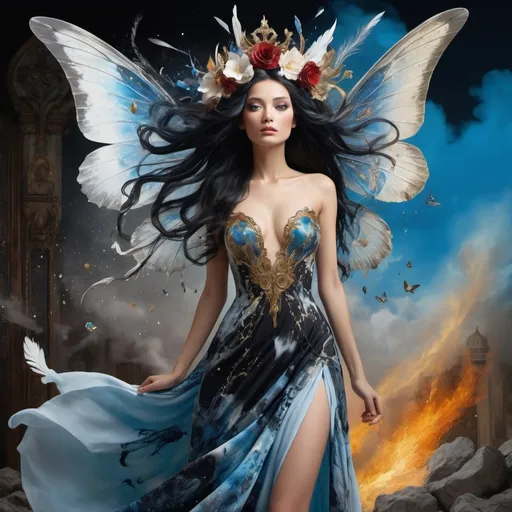 Prompt: A fairy-tale setting in Salvador Dali Style, wide angle, fantasy, a beautiful, woman, sensational, blue black hair, brown, tan, white, cream, and bright blue, blue wings with silver spots butterfly, on the tips of her wings feather is on flames, branches, delight, paradise bird blue wings of flames, wearing a golden, multi-layered, chiffon long dress, blowing in the breeze, snowing, blue clouds, apocalyptic scene, there is destruction every where, in a paradise and hell, rippling on the ground, mind blowing, with mahogany, gold, copper, bronze, black storm clouds in the background an etnic woman, white blue hair, detailed ornate blue, silver, black cloth robe with silver color flowers on, dramatic lighting, digital watercolor painting, paint splatter, bold brush strokes, art nouveau, majestic queen in an elegant (colorfull flower dress), very big silver crown with delicate mycstical gems and glimmering diamonds and feathers, mythical looming behind, captivating atmosphere, dramatic lighting, ethereal ambiance, richly detailed backgrounds, (HD, ultra-detailed) fairy-tale setting, tension filled with reverence and power. an other galaxy. red apples.