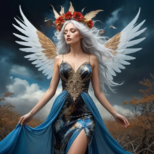 Prompt: A fairy-tale setting in Salvador Dali Style, wide angle, fantasy, a beautiful, woman, sensational, blondie, blue, grey hair, brown, tan, white, cream, and bright blue, blue wings with silver feathers, on the tips of her wings feather is on flames, branches, delight, paradise bird blue wings of flames, wearing a golden, multi-layered, chiffon long dress, blowing in the breeze, snowing, blue clouds, apocalyptic scene, there is destruction every where, in a paradise and hell, rippling on the ground, mind blowing, with mahogany, gold, copper, bronze, black storm clouds in the background an etnic woman, white blue hair, detailed ornate blue, silver, black cloth robe with flowers on, dramatic lighting, digital watercolor painting, paint splatter, bold brush strokes, art nouveau, majestic queen in an elegant (colorfull flower dress), very big silver crown adorned with delicate mycstical gems and glimmering diamonds, mythical looming behind, captivating atmosphere, dramatic lighting, ethereal ambiance, richly detailed backgrounds, (HD, ultra-detailed) fairy-tale setting, tension filled with reverence and power. an other galaxy. red apples.