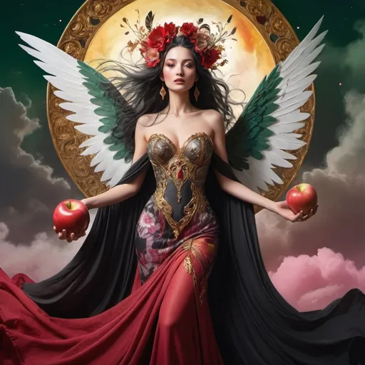 Prompt: A fairy-tale setting in Salvador Dali Style, wide angle, fantasy, a beautiful, woman, sensational, dark, grey, green hair, brown, tan, white, cream, and bright pink, big red wings with gold feathers, on the tips of her wings feather is gold, branches, delight, paradise bird red wings of fiery flames, wearing a golden, multi-layered, chiffon long dress, blowing in the breeze, two planets in the sky, pink clouds, Apocalyptic scene, there is destruction everywhere, in a paradise like place, with red apple, rippling on the ground, mind blowing, with mahogany, gold, copper, bronze, black storm clouds in the background an etnic woman, white red black hair, detailed ornate red and silver and black cloth robe with flowers, dramatic lighting, digital watercolor painting, paint splatter, bold brush strokes, art nouveau, majestic queen in an elegant (colorfull flower dress), ornate very big gold throne with diamonds adorned with delicate mycstical gems and glimmering diamonds, mythical  looming behind, captivating atmosphere, dramatic lighting, ethereal ambiance, richly detailed backgrounds, (HD, ultra-detailed) fairy-tale setting, tension filled with reverence and power. an other galaxy woman holds a red apple.