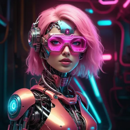 Prompt: futuristic robotic woman, (wearing pink glasses), imaginative and realistic design, intricately detailed metallic textures, vibrant neon lights illuminating the scene, complex mechanical elements in the background, sci-fi atmosphere, rich colors and contrasts, (HD, ultra-detailed), a blend of creativity and innovation, dynamic and enchanting ambiance.