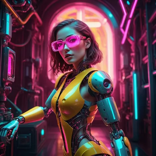 Prompt: futuristic robotic woman, (wearing pink glasses), imaginative and realistic design, intricately detailed metallic textures, vibrant neon lights illuminating the scene, complex mechanical elements in the background, sci-fi atmosphere, rich colors and contrasts, (HD, ultra-detailed), a blend of creativity and innovation, dynamic and enchanting ambiance.