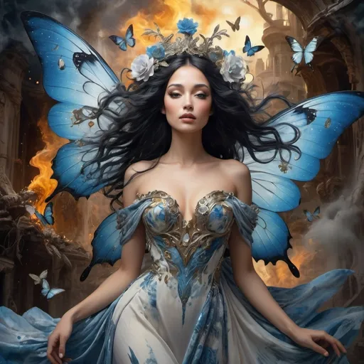 Prompt: A fairy-tale setting in Salvador Dali Style, wide angle, fantasy, a beautiful, woman, sensational, blue black hair, brown, tan, white, cream, and bright blue, blue wings with silver spots butterfly, on the tips of her wings feather is on flames, branches, delight, paradise bird blue wings of flames, wearing a golden, multi-layered, chiffon long dress, blowing in the breeze, snowing, blue clouds, apocalyptic scene, there is destruction every where, in a paradise and hell, rippling on the ground, mind blowing, with mahogany, gold, copper, bronze, black storm clouds in the background an etnic woman, white blue hair, detailed ornate blue, silver, black cloth robe with silver color flowers on, dramatic lighting, digital watercolor painting, paint splatter, bold brush strokes, art nouveau, majestic queen in an elegant (colorfull flower dress), very big silver crown with delicate mycstical gems and glimmering diamonds and feathers, mythical looming behind, captivating atmosphere, dramatic lighting, ethereal ambiance, richly detailed backgrounds, (HD, ultra-detailed) fairy-tale setting, tension filled with reverence and power. an other galaxy. red apples.