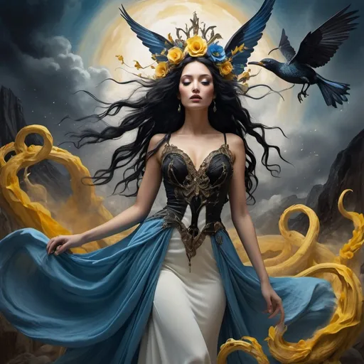 Prompt: A fairy-tale setting in Salvador Dali Style, wide angle, fantasy, a beautiful, woman, sensational, blue black hair, brown, tan, white, cream, and bright blue, black demonic wings, on the tips of her wings are on flames, branches, delight, paradise bird, yellow wings of flames, wearing a golden, multi-layered, chiffon long dress, blowing in the breeze, its snowing, blue clouds, apocalyptic scene, there is destruction every where, in a paradise and hell, snake, time, rippling on the ground, mind blowing, with mahogany, gold, copper, bronze, black storm clouds in the background an etnic woman, white blue hair, detailed ornate yellow, snake, silver, black cloth robe with black color flowers on, time, dramatic lighting, digital watercolor painting, paint splatter, bold brush strokes, art nouveau, majestic queen in an elegant (colorfull flower dress), very big silver crown with delicate gems and glimmering diamonds, time, mythical looming behind, captivating atmosphere, dramatic lighting, time, ethereal ambiance, richly detailed backgrounds, (HD, ultra-detailed) fairy-tale setting, tension filled with reverence and power. an other galaxy. yellow apples and snake.