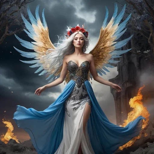 Prompt: A fairy-tale setting in Salvador Dali Style, wide angle, fantasy, a beautiful, woman, sensational, blondie, blue, grey hair, brown, tan, white, cream, and bright blue, blue wings with silver feathers, on the tips of her wings feather is on flames, branches, delight, paradise bird blue wings of flames, wearing a golden, multi-layered, chiffon long dress, blowing in the breeze, snowing, blue clouds, apocalyptic scene, there is destruction every where, in a paradise and hell, rippling on the ground, mind blowing, with mahogany, gold, copper, bronze, black storm clouds in the background an etnic woman, white blue hair, detailed ornate blue, silver, black cloth robe with flowers on, dramatic lighting, digital watercolor painting, paint splatter, bold brush strokes, art nouveau, majestic queen in an elegant (colorfull flower dress), very big silver crown adorned with delicate mycstical gems and glimmering diamonds, mythical looming behind, captivating atmosphere, dramatic lighting, ethereal ambiance, richly detailed backgrounds, (HD, ultra-detailed) fairy-tale setting, tension filled with reverence and power. an other galaxy. red apples.