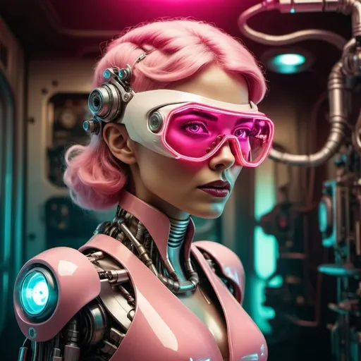 Prompt: futuristic robotic woman, (wearing pink futuristic glasses), imaginative and realistic design, intricately detailed metallic textures, vibrant neon lights illuminating the scene, complex mechanical elements in the background, sci-fi atmosphere, rich colors and contrasts, (HD, ultra-detailed), a blend of creativity and innovation, dynamic and enchanting ambiance.