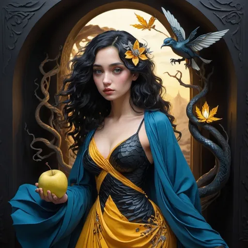 Prompt: autumn girl, A fairy-tale setting in Salvador Dali Style, wide angle, fantasy, a beautiful, woman, sensational, blue black hair, brown, tan, white, cream, and bright blue, black demonic wings, on the tips of her wings are on flames, branches, delight, paradise bird, yellow wings of flames, wearing a golden, multi-layered, chiffon long dress, blowing in the breeze, its snowing, blue clouds, apocalyptic scene, there is destruction every where, in a paradise and hell, snake, time, rippling on the ground, mind blowing, with mahogany, gold, copper, bronze, black storm clouds in the background an etnic woman, white blue hair, detailed ornate yellow, snake, silver, black cloth robe with black color flowers on, time, dramatic lighting, digital watercolor painting, paint splatter, bold brush strokes, art nouveau, majestic queen in an elegant (colorfull flower dress), very big silver crown with delicate gems and glimmering diamonds, time, mythical looming behind, captivating atmosphere, dramatic lighting, time, ethereal ambiance, richly detailed backgrounds, (HD, ultra-detailed) fairy-tale setting, tension filled with reverence and power. an other galaxy. yellow apples and snake.