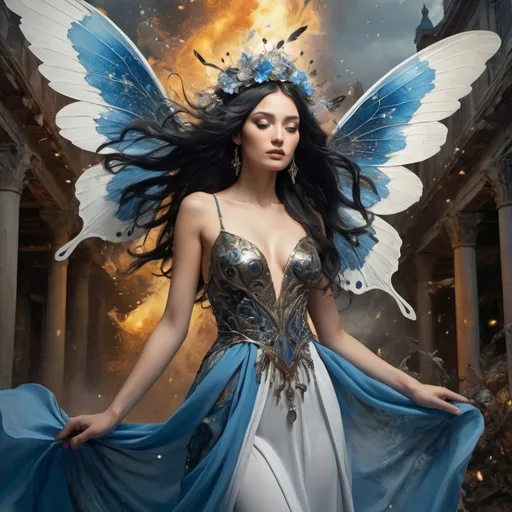 Prompt: A fairy-tale setting in Salvador Dali Style, wide angle, fantasy, a beautiful, woman, sensational, blue black hair, brown, tan, white, cream, and bright blue, blue wings with silver spots butterfly, on the tips of her wings feather is on flames, branches, delight, paradise bird blue wings of flames, wearing a golden, multi-layered, chiffon long dress, blowing in the breeze, snowing, blue clouds, apocalyptic scene, there is destruction every where, in a paradise and hell, rippling on the ground, mind blowing, with mahogany, gold, copper, bronze, black storm clouds in the background an etnic woman, white blue hair, detailed ornate blue, silver, black cloth robe with silver color flowers on, dramatic lighting, digital watercolor painting, paint splatter, bold brush strokes, art nouveau, majestic queen in an elegant (colorfull flower dress), very big silver crown with delicate mycstical gems and glimmering diamonds and feathers, mythical looming behind, captivating atmosphere, dramatic lighting, ethereal ambiance, richly detailed backgrounds, (HD, ultra-detailed) fairy-tale setting, tension filled with reverence and power. an other galaxy. red apples.