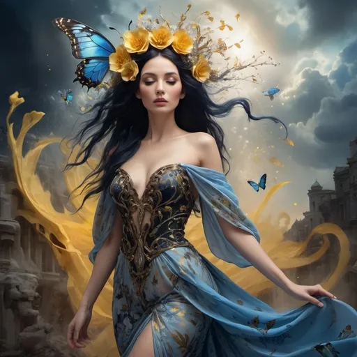 Prompt: A fairy-tale setting in Salvador Dali Style, wide angle, fantasy, a beautiful, woman, sensational, blue black hair, brown, tan, white, cream, and bright blue, blue butterfly wings with silver spots on, on the tips of her wings is on flames, branches, delight, paradise bird, blue wings of flames, wearing a golden, multi-layered, chiffon long dress, blowing in the breeze, snowing, blue clouds, apocalyptic scene, there is destruction every where, in a paradise and hell, time, rippling on the ground, mind blowing, with mahogany, gold, copper, bronze, black storm clouds in the background an etnic woman, white blue hair, detailed ornate blue, silver, black cloth robe with yellow color flowers on, time, dramatic lighting, digital watercolor painting, paint splatter, bold brush strokes, art nouveau, majestic queen in an elegant (colorfull flower dress), very big silver crown with delicate mycstical gems and glimmering diamonds and feathers, time, mythical looming behind, captivating atmosphere, dramatic lighting, ethereal ambiance, richly detailed backgrounds, (HD, ultra-detailed) fairy-tale setting, tension filled with reverence and power. an other galaxy. red apples and time.