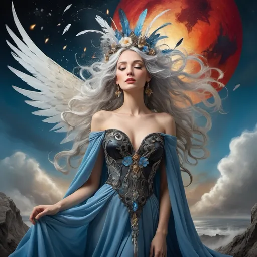 Prompt: A fairy-tale setting in Salvador Dali Style, wide angle, fantasy, a beautiful, woman, sensational, blondie, blue, grey hair, brown, tan, white, cream, and bright blue, blue wings with silver feathers, on the tips of her wings feather is on flames, branches, delight, paradise bird blue wings of flames, wearing a golden, multi-layered, chiffon long dress, blowing in the breeze, two planets in the sky, blue clouds, Apocalyptic scene, there is destruction every where, in a paradise like place, with red apple, rippling on the ground, mind blowing, with mahogany, gold, copper, bronze, black storm clouds in the background an etnic woman, white blue hair, detailed ornate blue, silver, black cloth robe with flowers on, dramatic lighting, digital watercolor painting, paint splatter, bold brush strokes, art nouveau, majestic queen in an elegant (colorfull flower dress), very big silver crown adorned with delicate mycstical gems and glimmering diamonds, mythical looming behind, captivating atmosphere, dramatic lighting, ethereal ambiance, richly detailed backgrounds, (HD, ultra-detailed) fairy-tale setting, tension filled with reverence and power. an other galaxy. red apple.