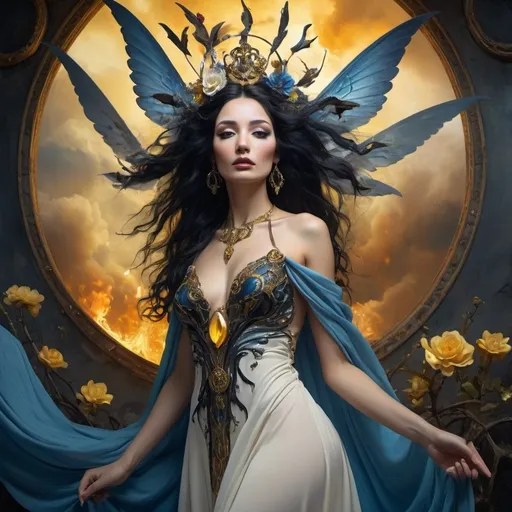 Prompt: A fairy-tale setting in Salvador Dali Style, wide angle, fantasy, a beautiful, woman, sensational, blue black hair, brown, tan, white, cream, and bright blue, black demonic wings, on the tips of her wings are on flames, branches, delight, paradise bird, yellow wings of flames, wearing a golden, multi-layered, chiffon long dress, blowing in the breeze, its snowing, blue clouds, apocalyptic scene, there is destruction every where, in a paradise and hell, snake, time, rippling on the ground, mind blowing, with mahogany, gold, copper, bronze, black storm clouds in the background an etnic woman, white blue hair, detailed ornate yellow, snake, silver, black cloth robe with black color flowers on, time, dramatic lighting, digital watercolor painting, paint splatter, bold brush strokes, art nouveau, majestic queen in an elegant (colorfull flower dress), very big silver crown with delicate gems and glimmering diamonds, time, mythical looming behind, captivating atmosphere, dramatic lighting, time, ethereal ambiance, richly detailed backgrounds, (HD, ultra-detailed) fairy-tale setting, tension filled with reverence and power. an other galaxy. yellow apples and snake.