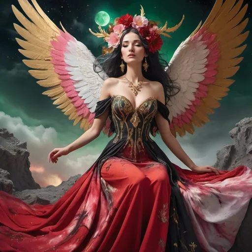 Prompt: A fairy-tale setting in Salvador Dali Style, wide angle, fantasy, a beautiful, woman, sensational, dark, grey, green hair, brown, tan, white, cream, and bright pink, big red wings with gold feathers, on the tips of her wings feather is gold, branches, delight, paradise bird red wings of fiery flames, wearing a golden, multi-layered, chiffon long dress, blowing in the breeze, two planets in the sky, pink clouds, Apocalyptic scene, there is destruction everywhere, in a paradise like place, with red apple, rippling on the ground, mind blowing, with mahogany, gold, copper, bronze, black storm clouds in the background an etnic woman, white red black hair, detailed ornate red and silver and black cloth robe with flowers, dramatic lighting, digital watercolor painting, paint splatter, bold brush strokes, art nouveau, majestic queen in an elegant (colorfull flower dress), ornate very big gold throne with diamonds adorned with delicate mycstical gems and glimmering diamonds, mythical  looming behind, captivating atmosphere, dramatic lighting, ethereal ambiance, richly detailed backgrounds, (HD, ultra-detailed) fairy-tale setting, tension filled with reverence and power. an other galaxy woman holds a red apple.