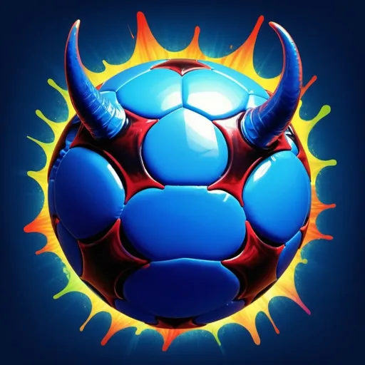 Prompt: (bold blue soccer ball), (blue devil horns), vibrant colors, high contrast, dynamic composition, shiny textures, playful mood, abstract background, soft edges, perfect lighting, ultra-detailed, whimsical, captivating concept, strong visual appeal, evokes fun and fantasy