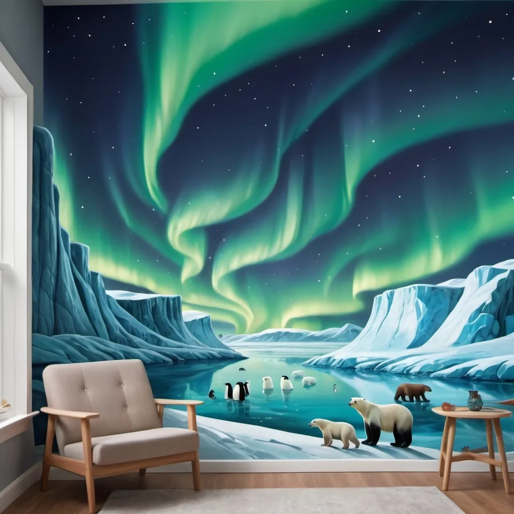 Prompt: an animated mural set in a  artic climate with polar bears, penguins and walruses watching the northern lights
