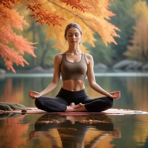 Prompt: elegant yoga student practicing in front of a serene lake under trees