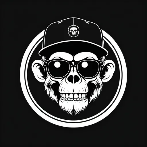 Prompt: a minimalist logo design, black and white colors and a retro aesthetic, a skeleton monkey head outline  with a backwards cap and glasses on