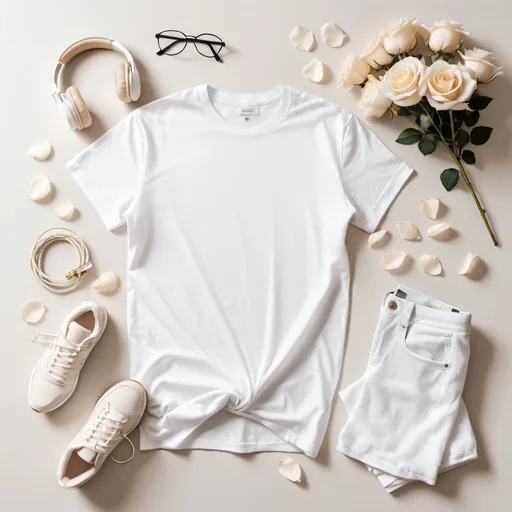 Prompt: a bright and airy photo capturing a white blank oversized t shirt with a minimalistic clean white background with white rose petals in the corner for decoration, pair of sneakers in another corner, beige colored headphones and bracelets and earrings in the corner. 