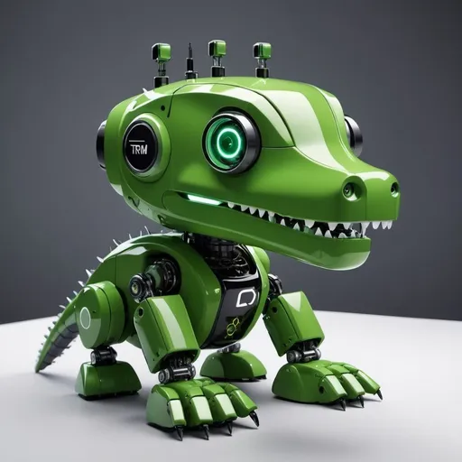 Prompt: show me a cool AI robot with a logo showing TRM. the bot should be green and looks like an alligator