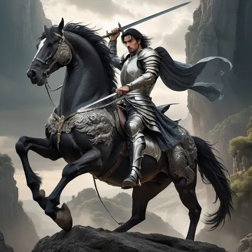 Prompt: Italian man seated on a horse, (dynamic pose), black hair, adorned in shining armor, wielding a long slender sword, fierce expression. Majestic dragon looming in the (dramatic) background, (cinematic) lighting highlighting intricate details of the armor, rich texture of horse's coat, lush scenery. (Ultra-detailed), (high-quality) artwork, evoking a sense of adventure and valor.