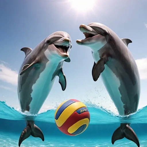 Prompt: Live action,cinematic,realism,4d,2 dolphins playing volleyball