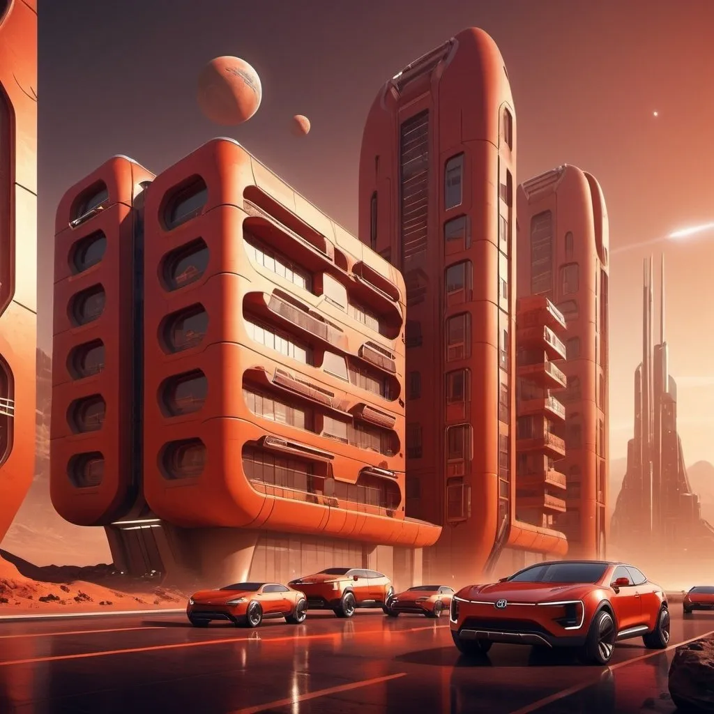 Prompt: Mars apartments with space cars, 1080 HD, futuristic sci-fi style, red and orange tones, urban setting, sleek modern architecture, high-tech vehicles, bustling cityscape, detailed design, professional, atmospheric lighting