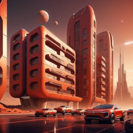 Prompt: Mars apartments with space cars, 1080 HD, futuristic sci-fi style, red and orange tones, urban setting, sleek modern architecture, high-tech vehicles, bustling cityscape, detailed design, professional, atmospheric lighting