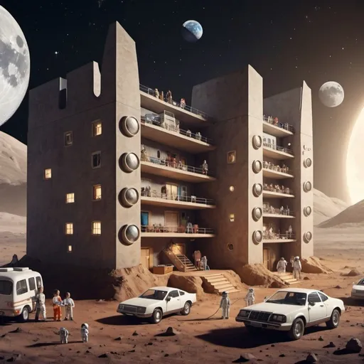 Prompt: Show people living on the moon with houses,space cars,schools,etc