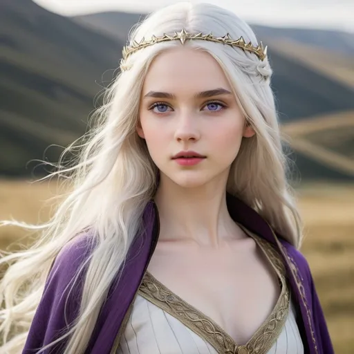 Prompt: young girl, in her late teens, possesses the classic Valyrian features,  striking violet eyes, pale skin, long hair, pale silver-gold hair, slender,  shorter stature, fair, beautiful, fantasy