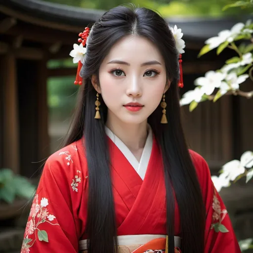 Prompt: young japanese woman, pale skin, long hair, dark hair, beautiful, traditional clothes, red clothes, detailed, highly detailed, rare beauty, symmetrical face, ideal features, clean face, perfect skin, big eyes,  good quality, enchanting