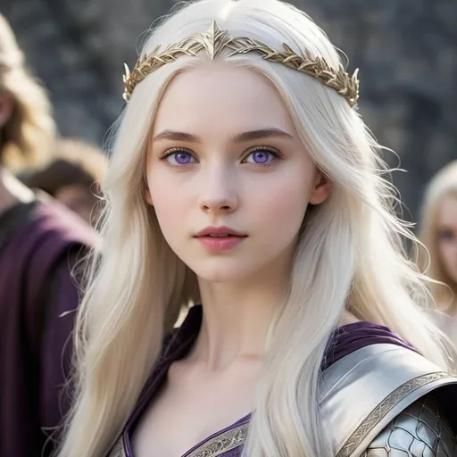 Prompt: young girl, in her late teens, possesses the classic Valyrian features, striking violet eyes, very beautiful, pale skin, long hair, pale silver-gold hair, slender,  shorter stature, fair, beautiful, fantasy