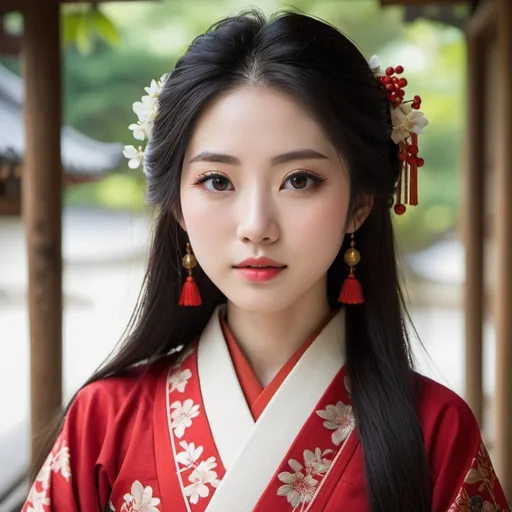Prompt: young japanese woman, pale skin, long hair, dark hair, beautiful, traditional clothes, red clothes, detailed, highly detailed, rare beauty, symmetrical face, ideal features, clean face, perfect skin, big eyes,  good quality, enchanting