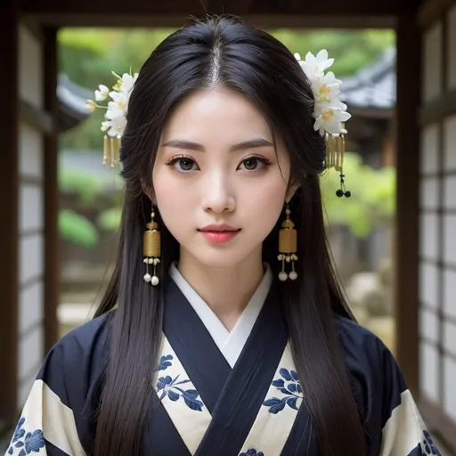 Prompt: young japanese woman, pale skin, long hair, dark hair, traditional clothes, detailed, highly detailed, symmetrical face, beautiful, ideal features, clean face, perfect skin, big eyes,  good quality, enchanting