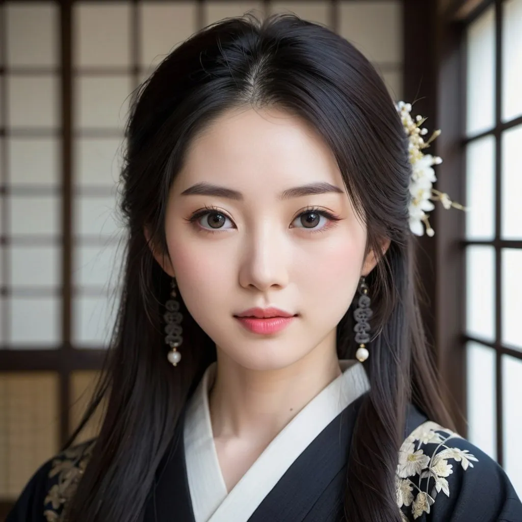 Prompt: young japanese woman, pale skin, long hair, dark hair, traditional clothes, detailed, highly detailed, symmetrical face, beautiful, ideal features, clean face, perfect skin, big eyes,  good quality, enchanting