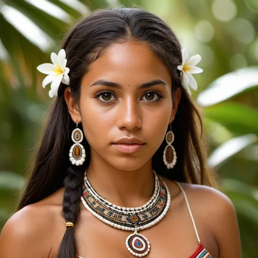 Prompt: young Taino woman, indigenous Caribbean, tan skin, dark skin, olive skin, long hair, dark hair, detailed, highly detailed, symmetrical face, beautiful, clean face, perfect skin, big eyes, sloped forehead, traditional clothes, good quality, enchanting
