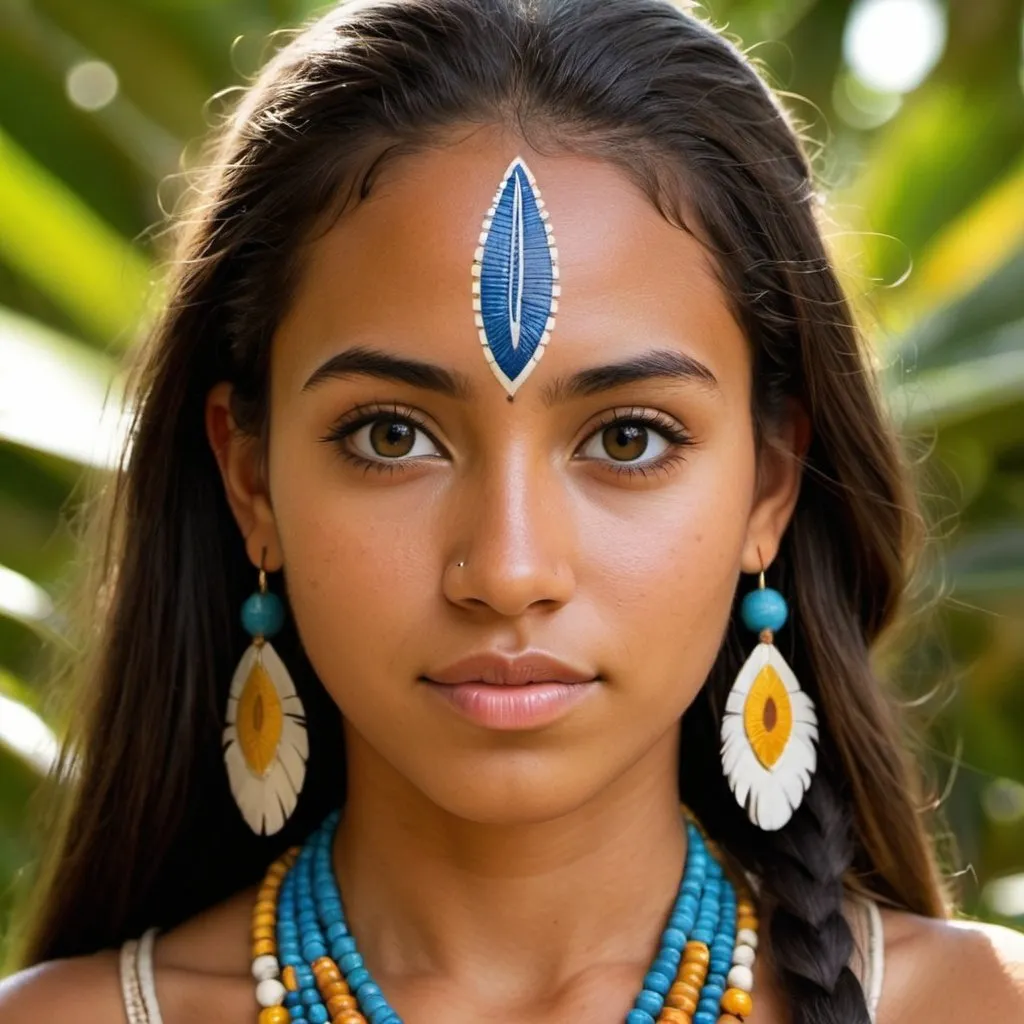 Prompt: young Taino woman, indigenous Caribbean, tan skin, dark skin, olive skin, long hair, dark hair, detailed, highly detailed, symmetrical face, beautiful, clean face, perfect skin, big eyes, sloped forehead, traditional clothes, good quality, enchanting