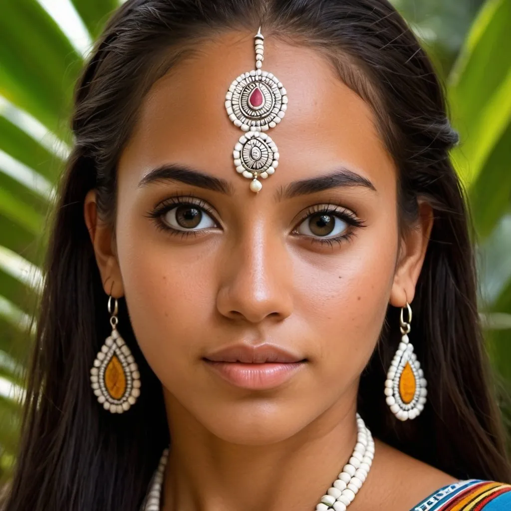 Prompt: young Taino woman, tan skin, long hair, dark hair, detailed, highly detailed, symmetrical face, beautiful, clean face, perfect skin, big eyes, sloped forehead, traditional clothes, good quality, enchanting