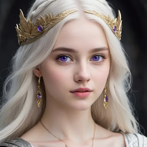 Prompt: young girl, in her late teens, possesses the classic Valyrian features,  striking violet eyes, pale skin, long hair, pale silver-gold hair, slender,  shorter stature, fair, beautiful, fantasy