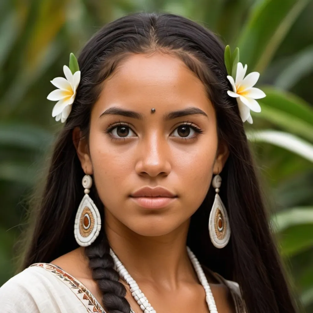 Prompt: young Taino woman, tan skin, long hair, dark hair, detailed, highly detailed, symmetrical face, beautiful face, big eyes, sloped forehead, traditional clothes, good quality